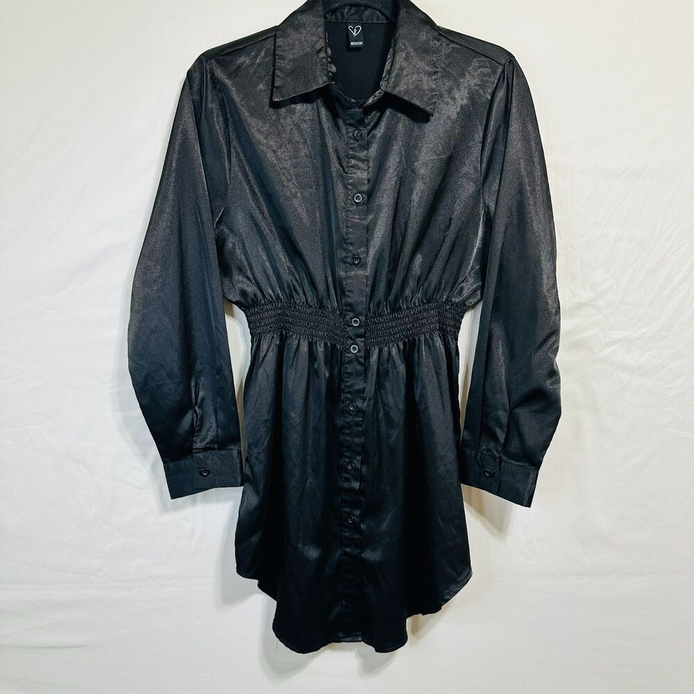 Windsor Women's Black Satin Mini Dress Size XS Long Sleeve Ruched Waistband